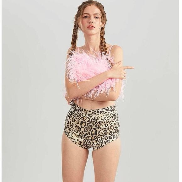 SGinstar Pink Ostrich Feather Fuzzy Sleeveless Cami Camisole Crop Tank Top Sz S - Picture 4 of 12